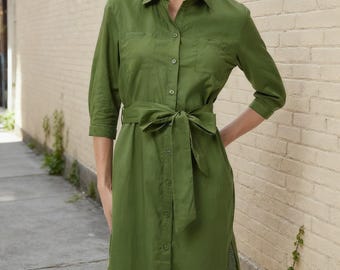 Vintage Linen Dress for Women, Half Sleeve Linen Clothing With Belt #1002