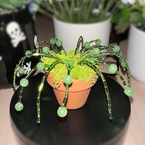 May include: A decorative spider sculpture made of green beads and wire, perched atop a small terracotta pot filled with green moss. The spider is on a black, round base, with blurred floral arrangements in the background.