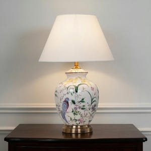 Lampe de table en céramique faite main, fleurs et oiseaux, base en porcelaine, abat-jour en lin, déco chambre salon