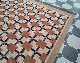 Handwoven Wool Jute Kilim Rug, Traditional Indian Dhurrie