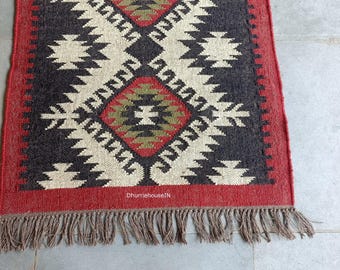 Wool and Jute Rug Handmade, Kilim Dhurrie Rug, Traditional Indian/WOOL JUTE RUGS