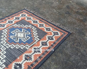 Vintage Kilim Rug , Handmade Wool & Jute Area Rug, Handwoven Large Rug Decorative Navajo Design, Large Boho Living Room Hallway Decor Rug