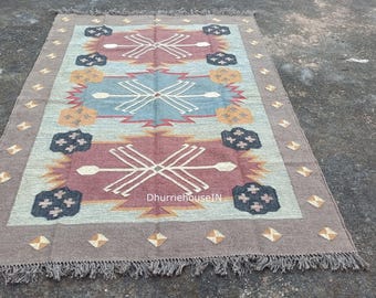 Ręcznie tkany dywan z wełny juty Kilim, dywan z juty wełnianej, dywan z juty Kilim, dywan Flatweave, dywan Boho, indyjski dywan Dhurrie, dywan Navajo Kilim, dywan niestandardowy