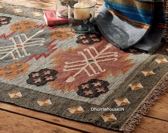 Kilim Rug, Handwoven, Wool and Jute RUG handmade, Kilim dhurrie Rug, Traditional Indian Jute Area Rug