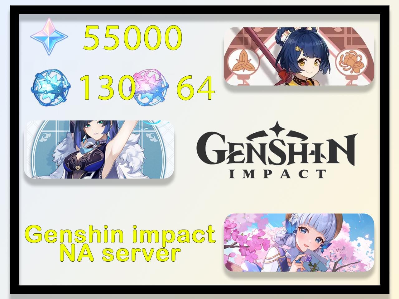 Compte Genshin Impact EU AR55 – Ganyu C1, Baal C1, Tartaglia C1, Keqing C1, Hu Tao, Venti