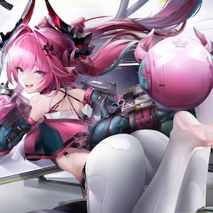 May include: Anime-style illustration of a character with pink hair and a futuristic outfit. The character is wearing a pink and teal top, white pants, and has a pink helmet. The background suggests a spaceship interior.