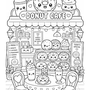 以下が含まれることがあります： ドーナツカフェの白黒塗り絵ページ。大きなドーナツの看板、メニューボード、本日のスペシャルボード、2脚の椅子があるテーブルが描かれており、すべてにかわいらしい笑顔の表情がデザインされています。