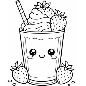 Könnte beinhalten: Schwarz-Weiß-Illustration eines Kawaii-Erdbeermilchshakes. Es zeigt Schlagsahne, einen Strohhalm und zwei Erdbeeren. Der Milchshake hat ein lächelndes Gesicht und ist von zwei Erdbeeren umgeben.