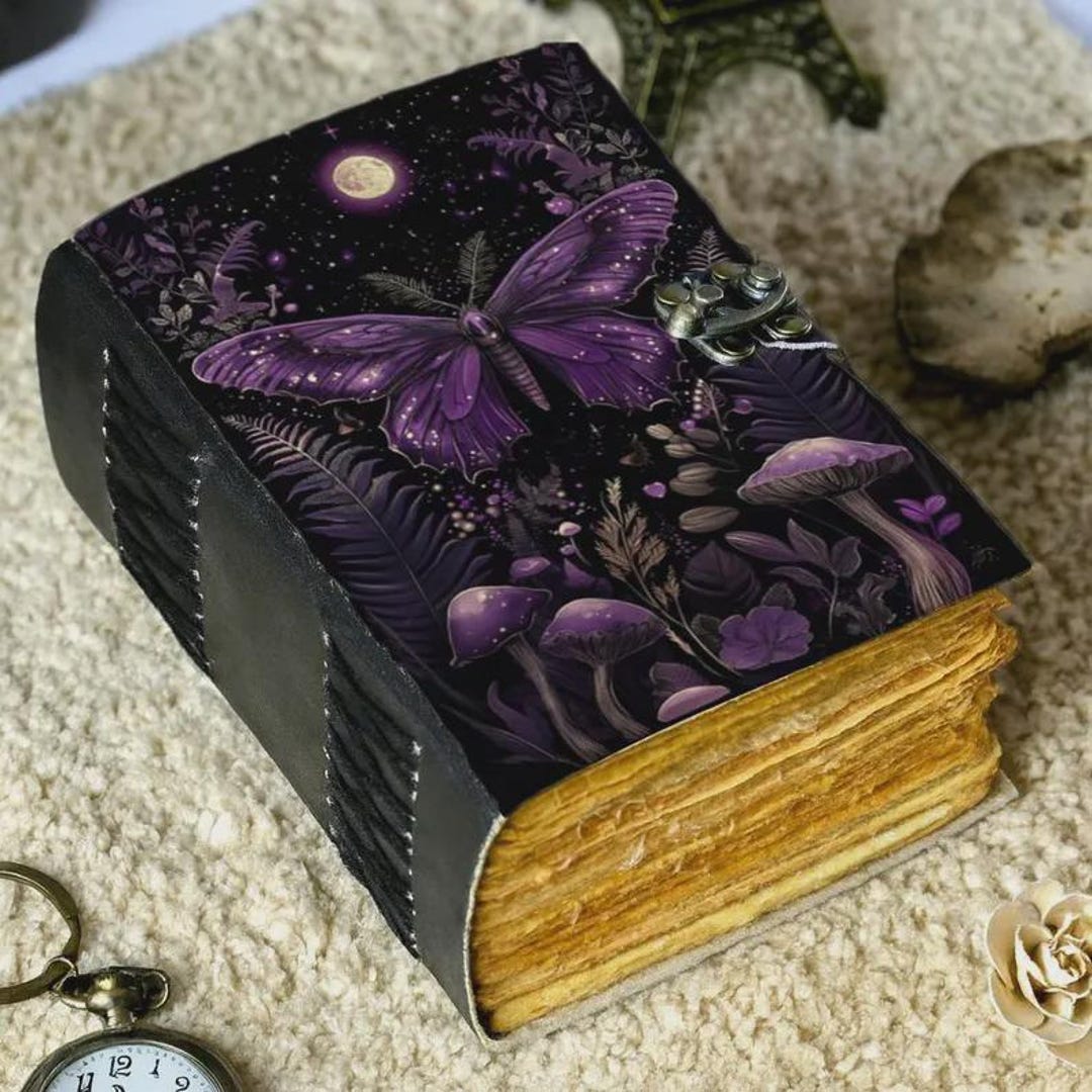 Purple Butterfly Leather Journal Handmade Gothic Moon Grimoire Notebook ...