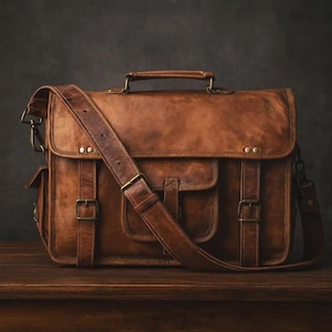 Può includere: Una borsa a tracolla in pelle marrone con tracolla e maniglia superiore. La borsa ha due tasche frontali con chiusure a fibbia e hardware in ottone. La pelle ha un aspetto invecchiato.