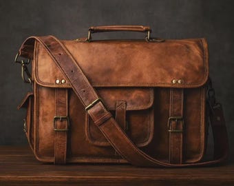 Borsa a tracolla in pelle fatta a mano - Borsa a tracolla vintage per laptop, borsa a tracolla marrone rustico, borsa da viaggio regalo per marito, padre e capo