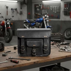 以下が含まれることがあります： 長方形の黒い革製オートバイ用サドルバッグ。前面にポケットがあり、バックルストラップが2本付いています。ガレージの木製作業台に置かれています。背景には工具やオートバイがあります。