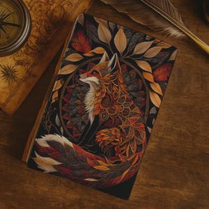 Könnte beinhalten: Ein dekoratives Notizbuch mit einer Fuchsgrafik. Das Cover zeigt ein detailliertes Design eines Fuchses in Orange-, Rot- und Brauntönen, umgeben von Blättern, vor einem schwarzen Hintergrund. Das Notizbuch ist geöffnet und zeigt die Seiten.