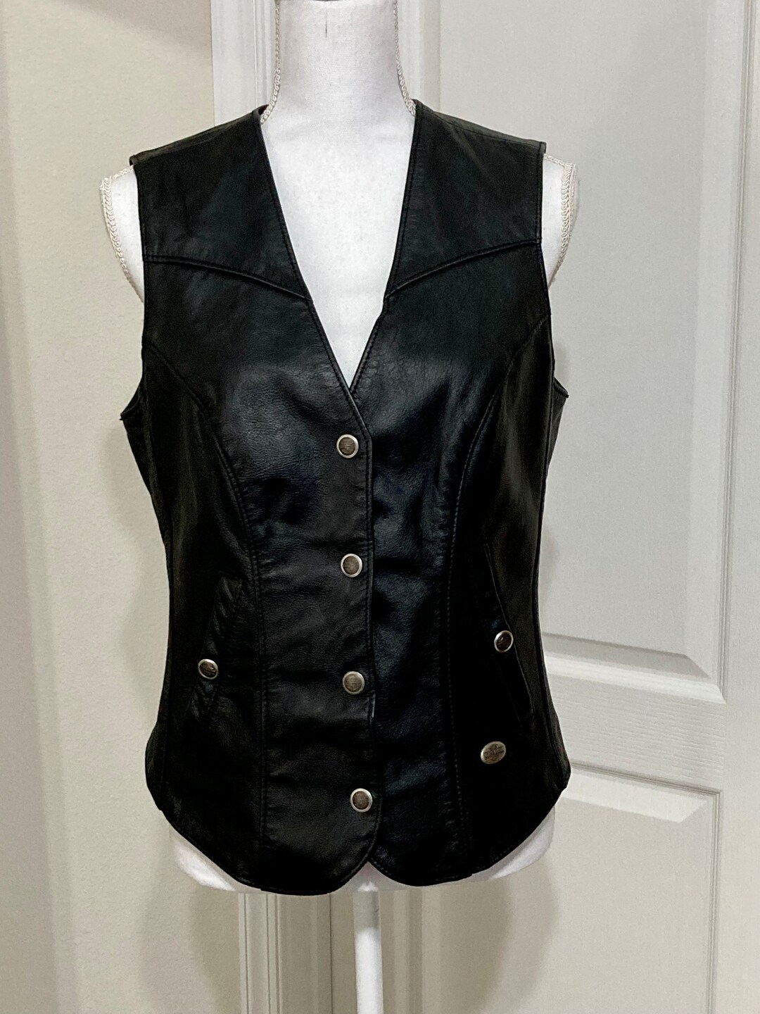 Black Leather Biker Vest Harley Davidson Womens Leather Etsy
