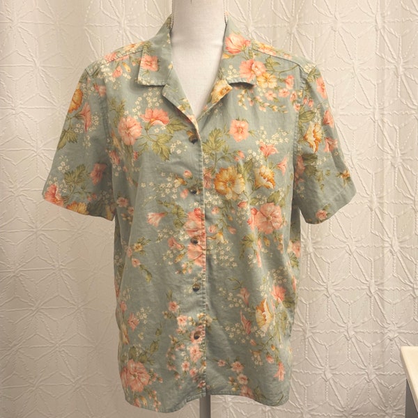 Vintage Linen Cotton Blend Camp Shirt plus size 1x, Short Sleeve Sage Pink Amber Floral Summer Button Up Blouse, 90s Boxy Fit Top