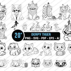 Puede incluir: Ilustraciones de gatos de dibujos animados en blanco y negro en varias poses, algunos con sombreros y accesorios. La imagen incluye el texto "DERPY TIGER" y opciones de tipo de archivo: PNG, SVG, PDF, EPS y AI.