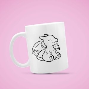 May include: White ceramic mug featuring a black outline illustration of a smiling cartoon dragon with wings. The dragon is sitting with its legs crossed. The mug has a curved handle and is set against a pink background.