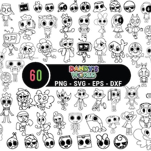 May include: A collection of 60 black and white cartoon character illustrations in various poses and styles. The characters have unique shapes, including TV heads, flower faces, and other whimsical designs. The image includes the text "DANDY'S WORLD" and file type information.