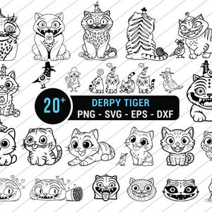 Puede incluir: Una colección de ilustraciones de gatos y tigres de dibujos animados en blanco y negro. Las imágenes muestran varias poses y expresiones, algunas con sombreros y accesorios. El texto dice "DERPY TIGER" y tipos de archivo.
