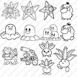 May include: Line art illustrations of various cartoon characters, including stars, ducks, and creatures with plant-like features. The images are in black and white, with detailed outlines and expressions.