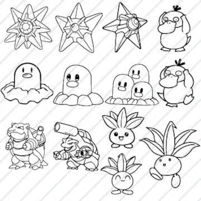 May include: Line art illustrations of various cartoon characters, including stars, ducks, and creatures with plant-like features. The images are in black and white, with detailed outlines and expressions.