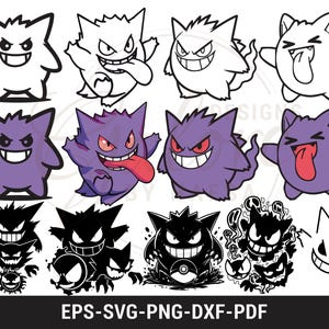 May include: A collection of Gengar character designs in various poses and styles. Some are outlined in black, while others are colored purple with red accents. The designs include different facial expressions and poses, with the text "EPS-SVG-PNG-DXF-PDF" at the bottom.