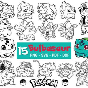 Könnte beinhalten: Eine digitale Sammlung von 15 Bulbasaur-Charakterillustrationen in schwarz-weißer Strichzeichnung, plus eine farbige Version und eine Figur mit Kappe. Das türkisfarbene Rechteck in der Mitte zeigt den Text 15 Bulbasaur PNG - SVG - PDF - DXF und Pokémon.