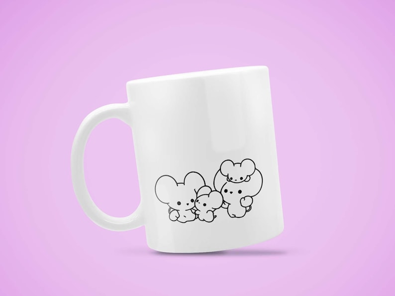 May include: White ceramic mug featuring a black and white illustration of three cartoon mice. The mice are in a group, with one mouse on top of another. The mug has a curved handle and is set against a light purple background.