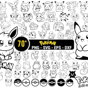 Peut inclure: Dessins au trait en noir et blanc de divers personnages Pokémon, dont Pikachu et Évoli. L'image comprend le mot "Pokémon" dans une police stylisée, le texte "70+" et les indications de type de fichier : PNG, SVG, EPS et DXF.