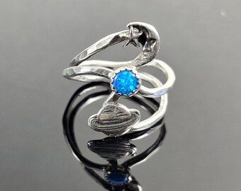 Sterling Silver Planet, Moon and Synthetic Blue Opal Ring