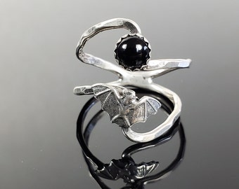 Sterling Silver Bat and Black Onyx Double Band Ring