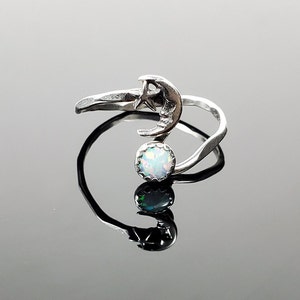 Sterling Silver Moon and Star and Synthetic Opal Single Band Ring