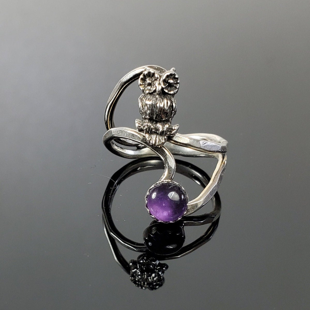 Sterling Silver Owl and Amethyst Double Band Ring
