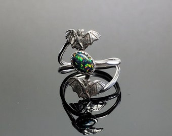 Sterling Silver Double Bat and Black Synthetic Opal Ring