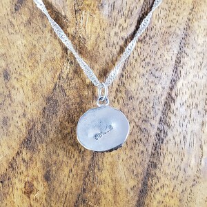 May include: Silver necklace with a round pendant. The back of the pendant has the inscription "925 STERLING".