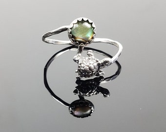 Sterling Silver Turtle and Abalone Single Band Ring
