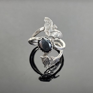Sterling Silver Double Bat and Faceted Hematite Ring
