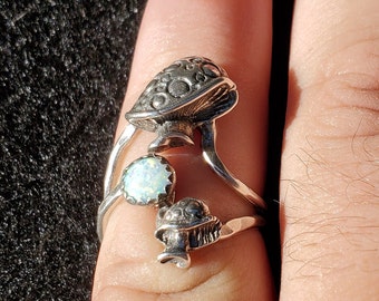 Sterling Silver Double Mushroom and Synthetic Opal Ring