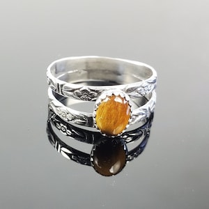 Sterling Silver Floral and Tiger Eye Double Band Ring