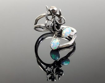 Sterling Silver Octopus and Synthetic White Opal Double Band Ring