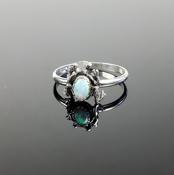 Sterling Silver Frog and Synthetic White Opal Single Band Ring Etsy