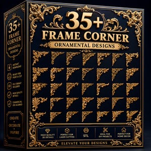 May include: A black box featuring gold text that reads 35+ FRAME CORNER ORNAMENTAL DESIGNS. The front displays a grid of over thirty-five distinct gold-coloured ornate corner patterns. Side panels include icons and text for digital file features.