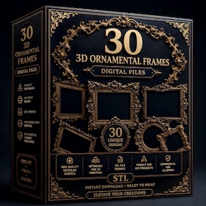 Può includere: Una scatola nera con testo dorato e grafiche di cornici ornate. Il testo recita 30 3D ORNAMENTAL FRAMES DIGITAL FILES, 30 UNIQUE DESIGNS, STL, CREATE PRINT INSPIRE, INSTANT DOWNLOAD, READY TO PRINT e ELEVATE YOUR CREATIONS con varie icone.