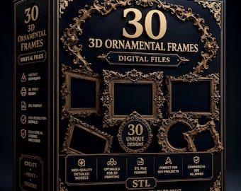 Puede incluir: Una caja negra con texto dorado y gráficos de marcos ornamentados. El texto dice 30 3D ORNAMENTAL FRAMES DIGITAL FILES, 30 UNIQUE DESIGNS, STL, CREATE PRINT INSPIRE, INSTANT DOWNLOAD, READY TO PRINT y ELEVATE YOUR CREATIONS con varios iconos.