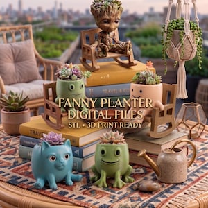 May include: A collection of character-themed planters including a tree-like figure, a green frog, a peach-colored figure, and a blue cat, all sitting on books. The text reads FANNY PLANTER DIGITAL FILES STL 3D PRINT READY.