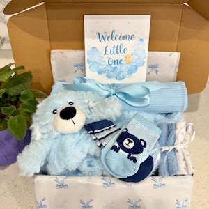 Newborn Baby Boy Gift Set | Baby Box with Bear Lovey, Blanket, Socks, Washcloths & Card | Baby Shower Present |
