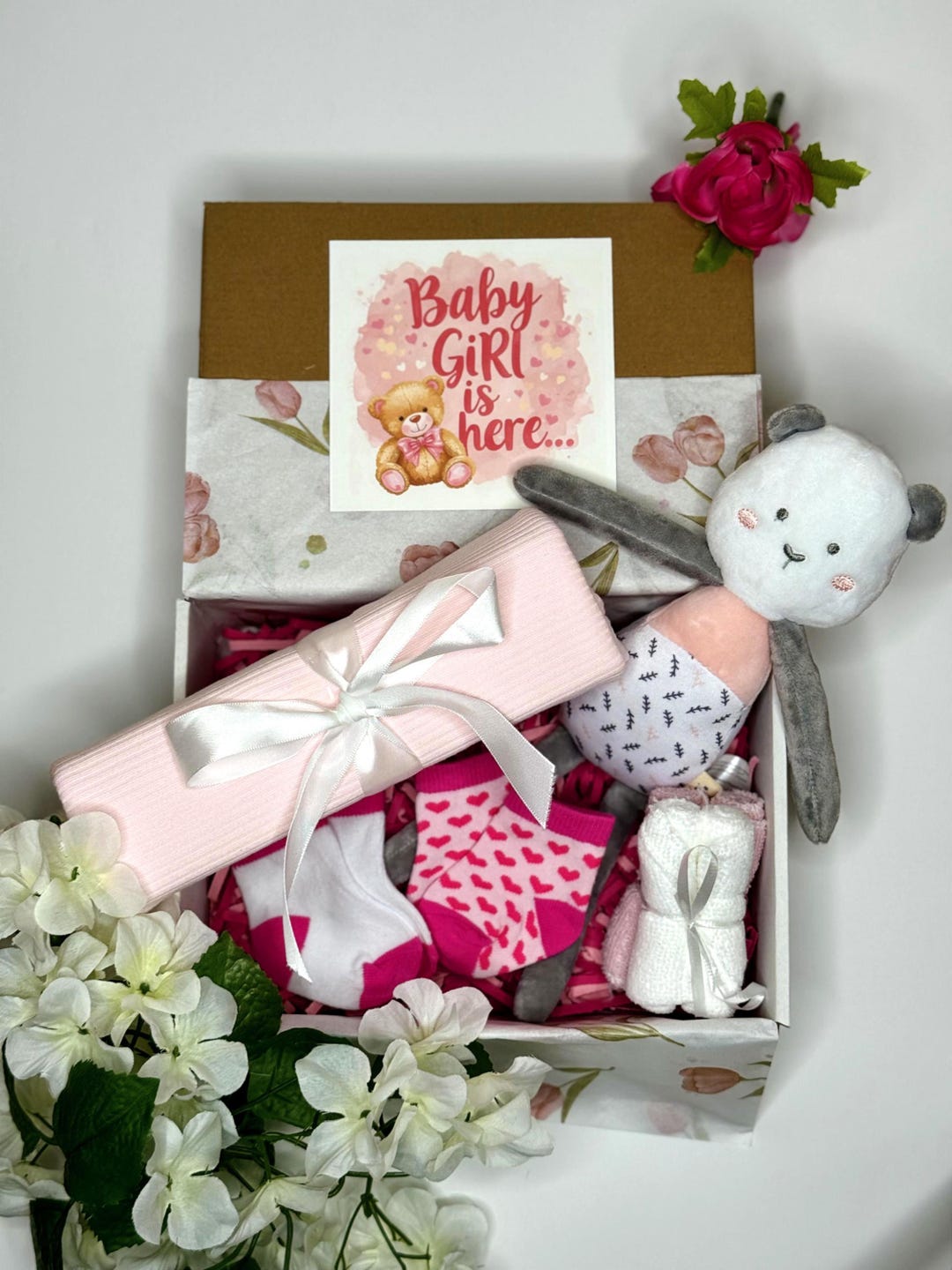 Newborn Baby Girl Gift Set | Baby Box With Plush Toy, Recieving Blanket ...
