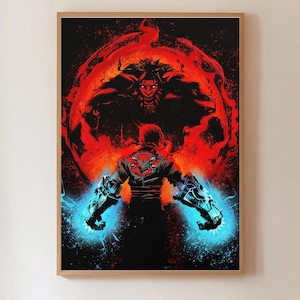 May include: A framed art print featuring a dynamic illustration. A figure with glowing blue energy emanating from their arms faces a fiery red background with a menacing silhouette. The artwork is set against a black backdrop, with a wooden frame.