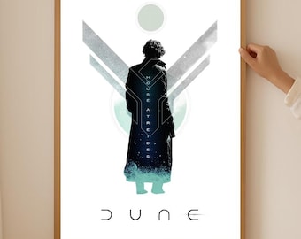 Póster sin marco con la silueta de Paul Atreides, arte mural minimalista de ciencia ficción, lámina con estética de puesta de sol en Arrakis.