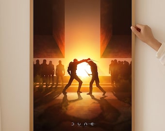 Póster del duelo final de la Guerra del Desierto sin marco, arte de Paul vs Feyd-Rautha, lámina de combate épico de ciencia ficción